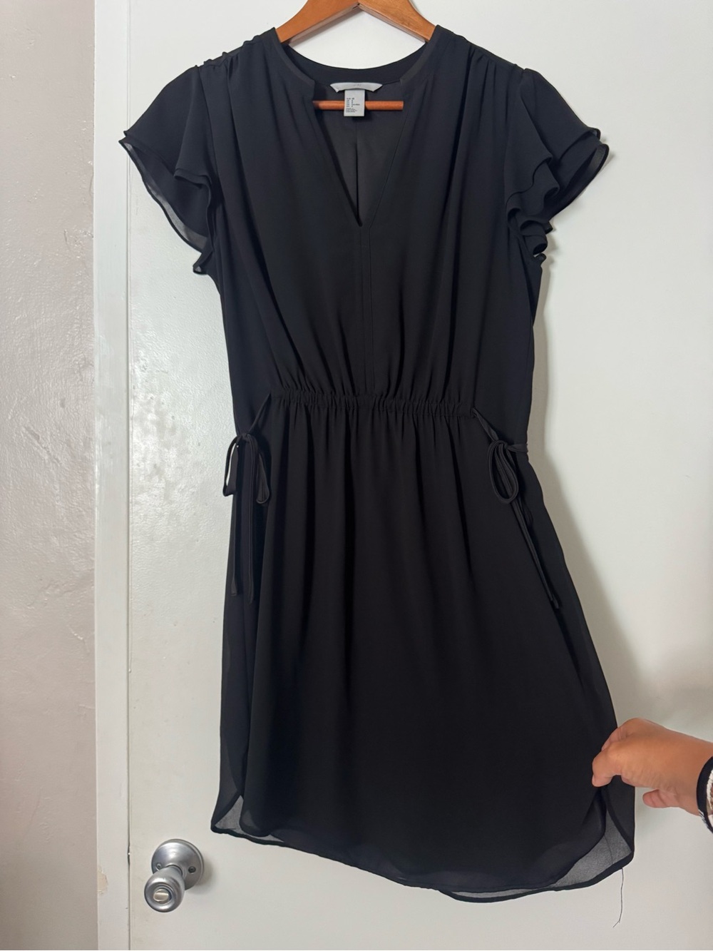 H&M Black V-Neck Flutter Sleeve Tie-Waist Mini Dress
